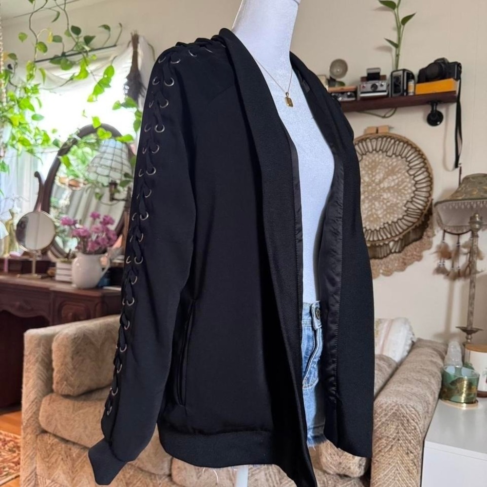 Catherine Malandrino Black Lace Up Sleeve Open Front Bomber Jacket Small